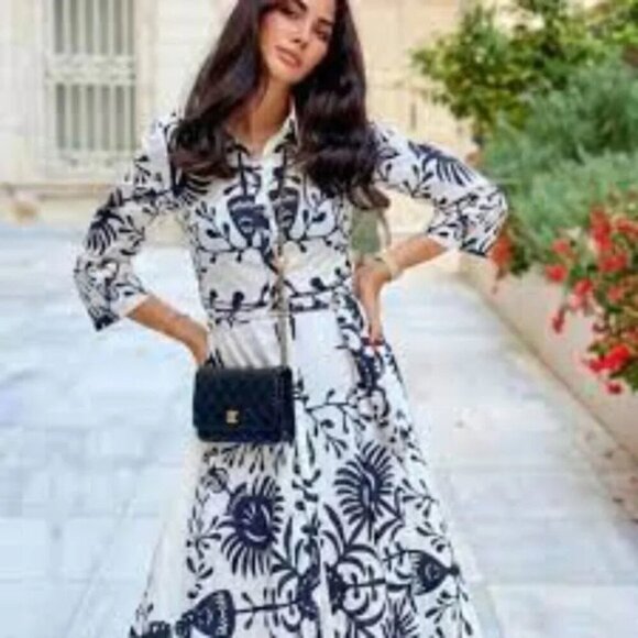 Zara Floral Printed Black White Kimono Belt Dress L - Picture 1 of 15